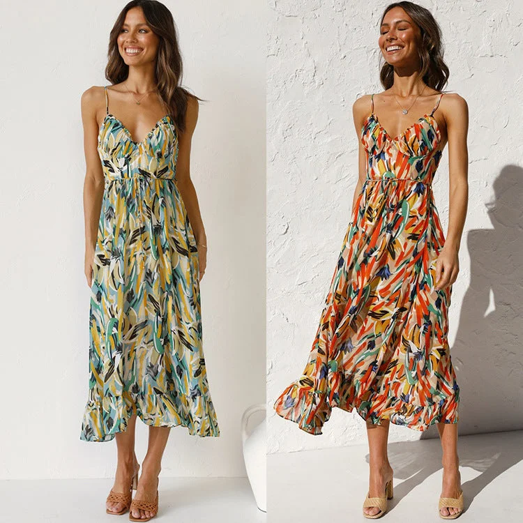 Uveng Summer Printed Ruffle Sleeveless Dress Dresses