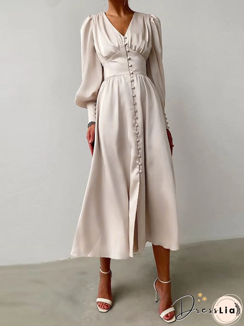 Solid Color Patchwork Puff Sleeves V-neck Satin Casual Dress