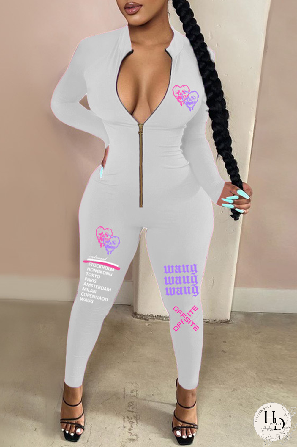 White Street Print Patchwork Zipper Collar Skinny Jumpsuits