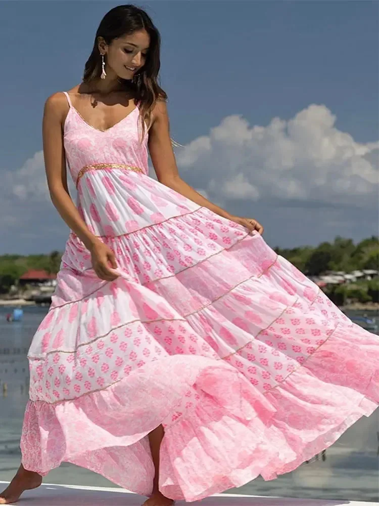 Tlbang Beach V-neck Printed Spliced Maxi Dress For Women Fashion Loose Sleeveless Sling Vestidos 2024 Summer Vacation Robes