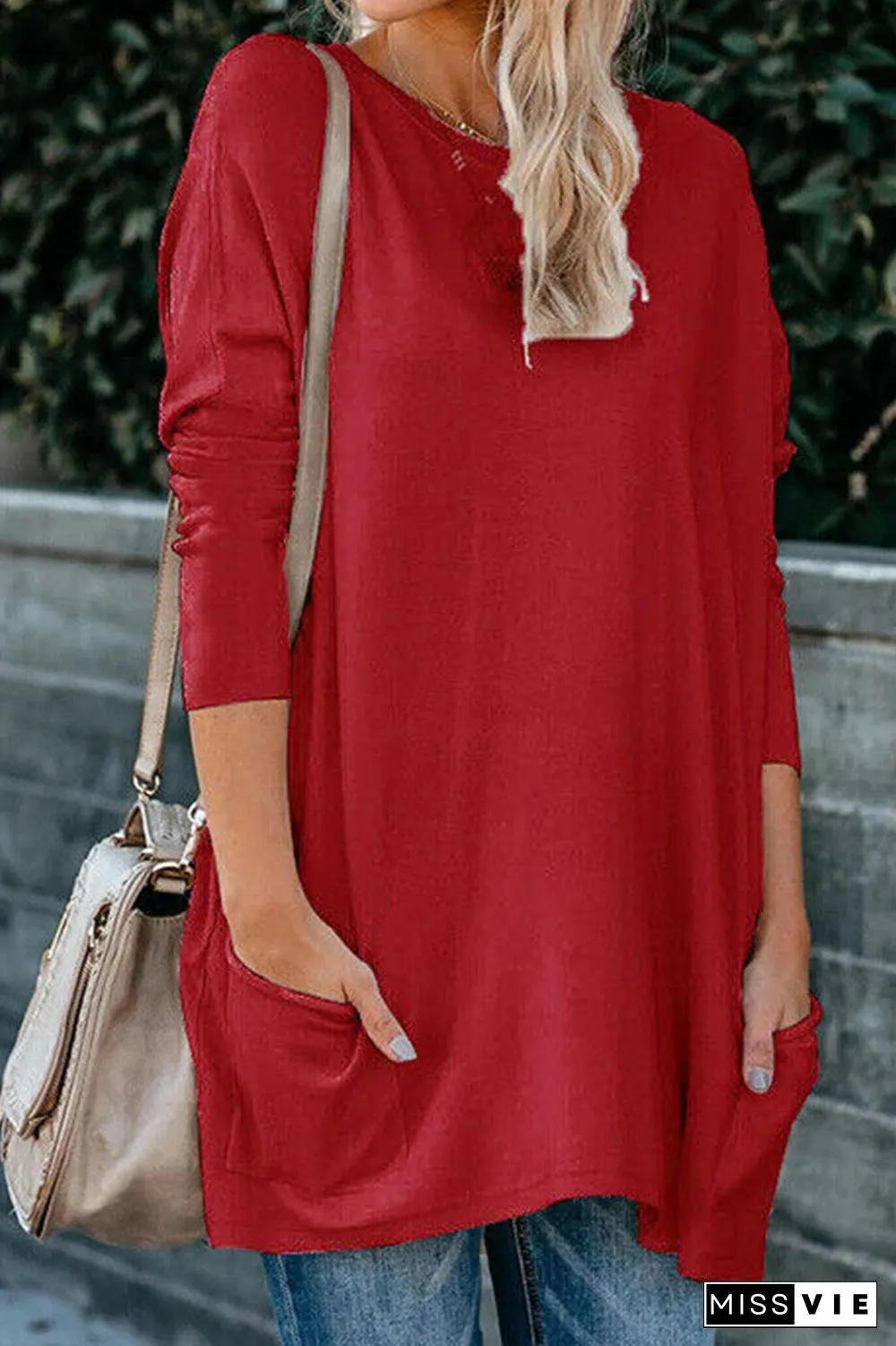 Casual Solid Split Joint Pocket O Neck Tops（13 colors）