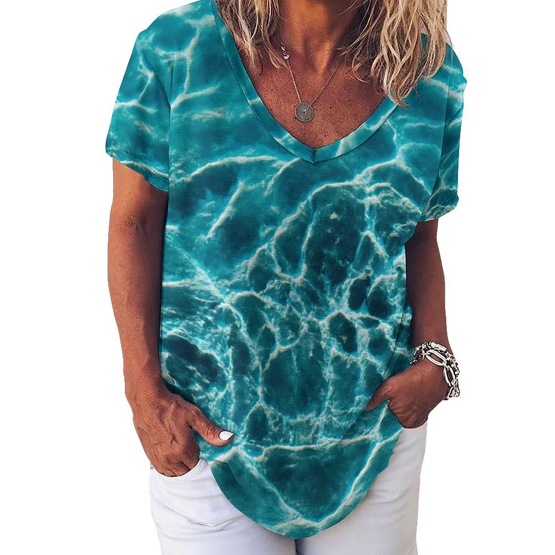V-neck Short Sleeve Casual T-shirt for  Women Printed with Pattern Blue, Abstract, Wave