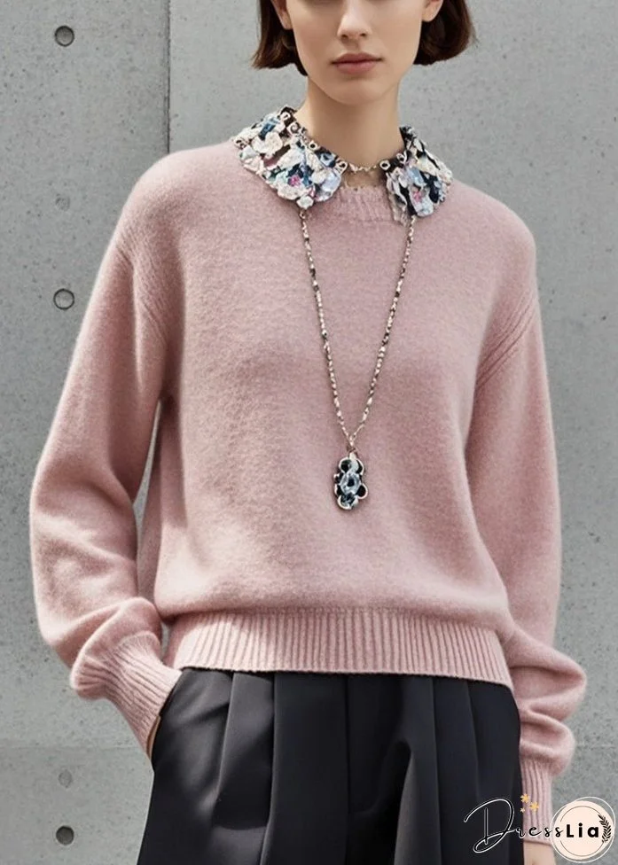 Simple Light Pink Stand Collar Patchwork Knitted Tops Fall