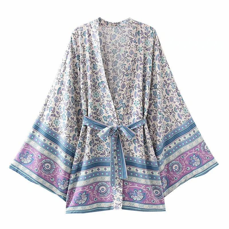Fitshinling Cotton Vintage Kimono Women Vintage Beach Cover Up Print Floral Slim Cardigan With Sashes Flare Sleeve Boho Blouse