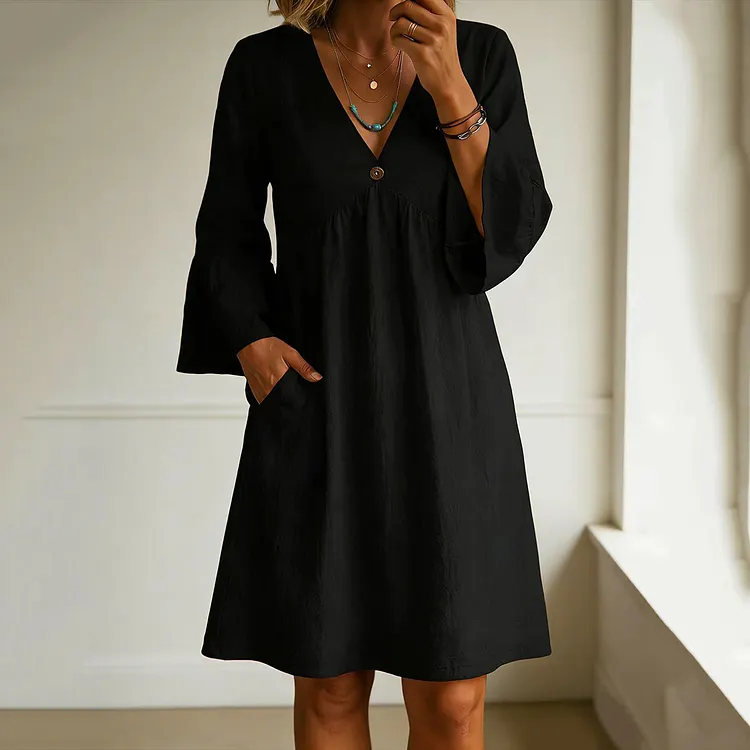 Cozy Button-down V-neck Long-sleeved Cotton Linen Mini Dress