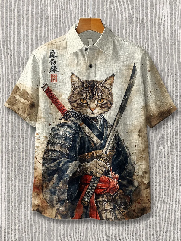 Men's Samurai Cat Watercolor Art Print Short Sleeve Shirt