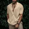 Solid Color Lapel Short-sleeved Linen Simple Shirt