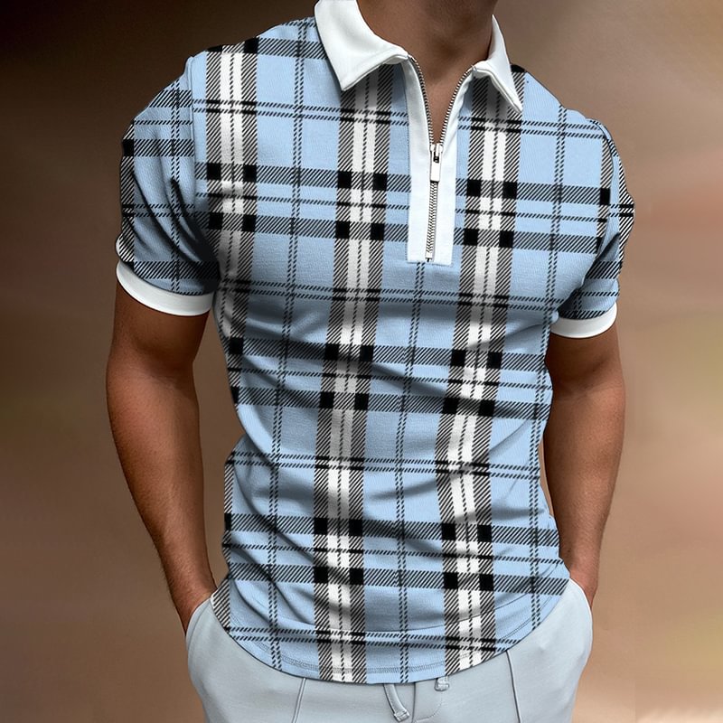 Checked Texture Print Short-sleeved Polo Shirt、、URBENIE