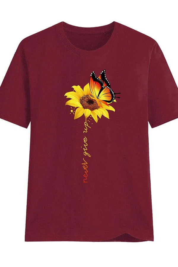 Casual Round Collar Butterfly Sun Flower Short Sleeve T-Shirt