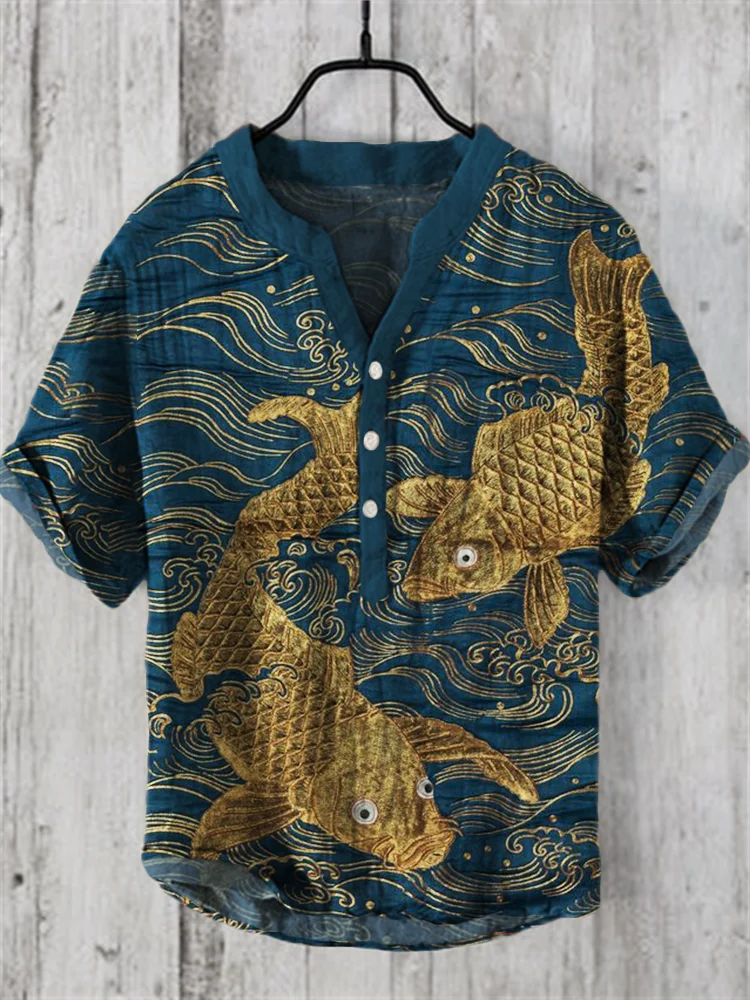 Golden Carps Sea Waves Japanese Art Linen Blend Shirt