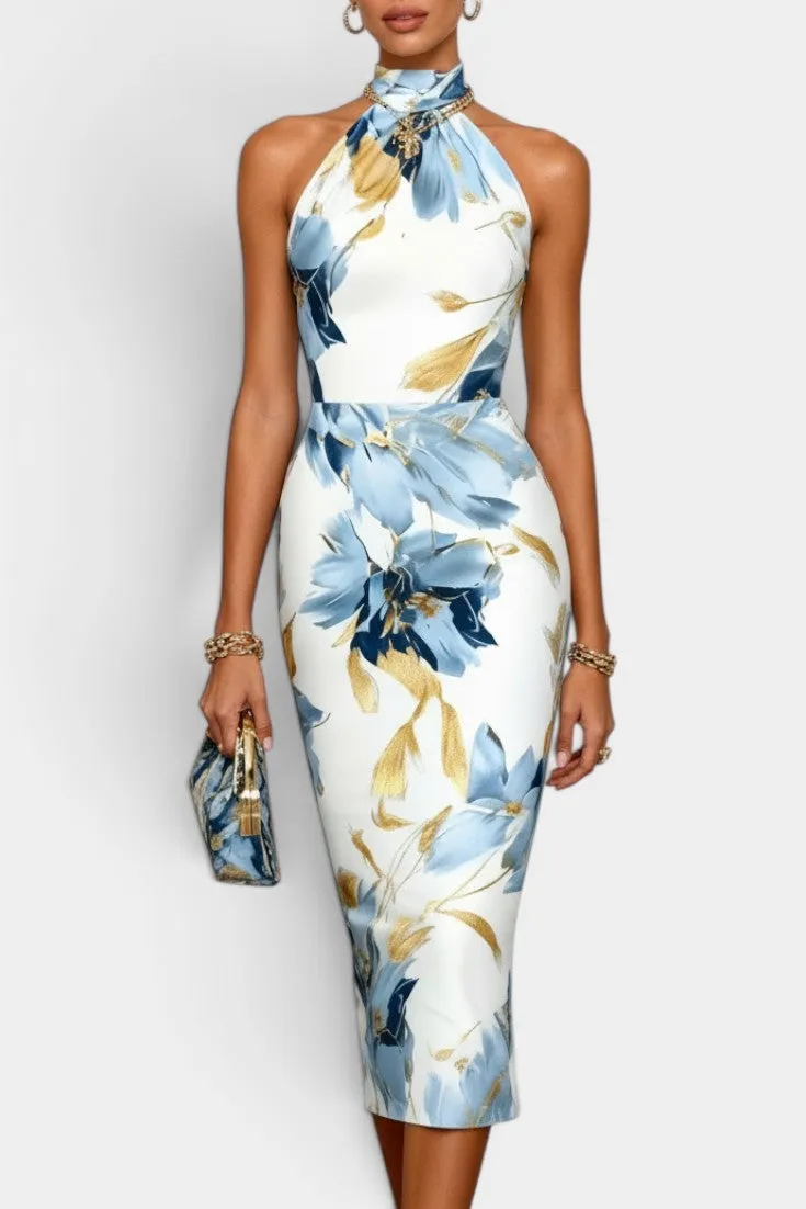 High Neck Floral Midi Dress with Halter Tie