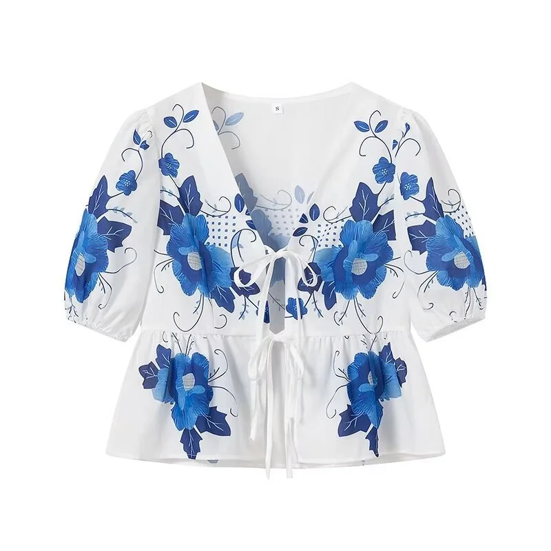 Toloer 2024 Summer New Women's Street Fashion V-Neck Print With Short-Sleeved Shirt W091 1859-Outfit Ideas