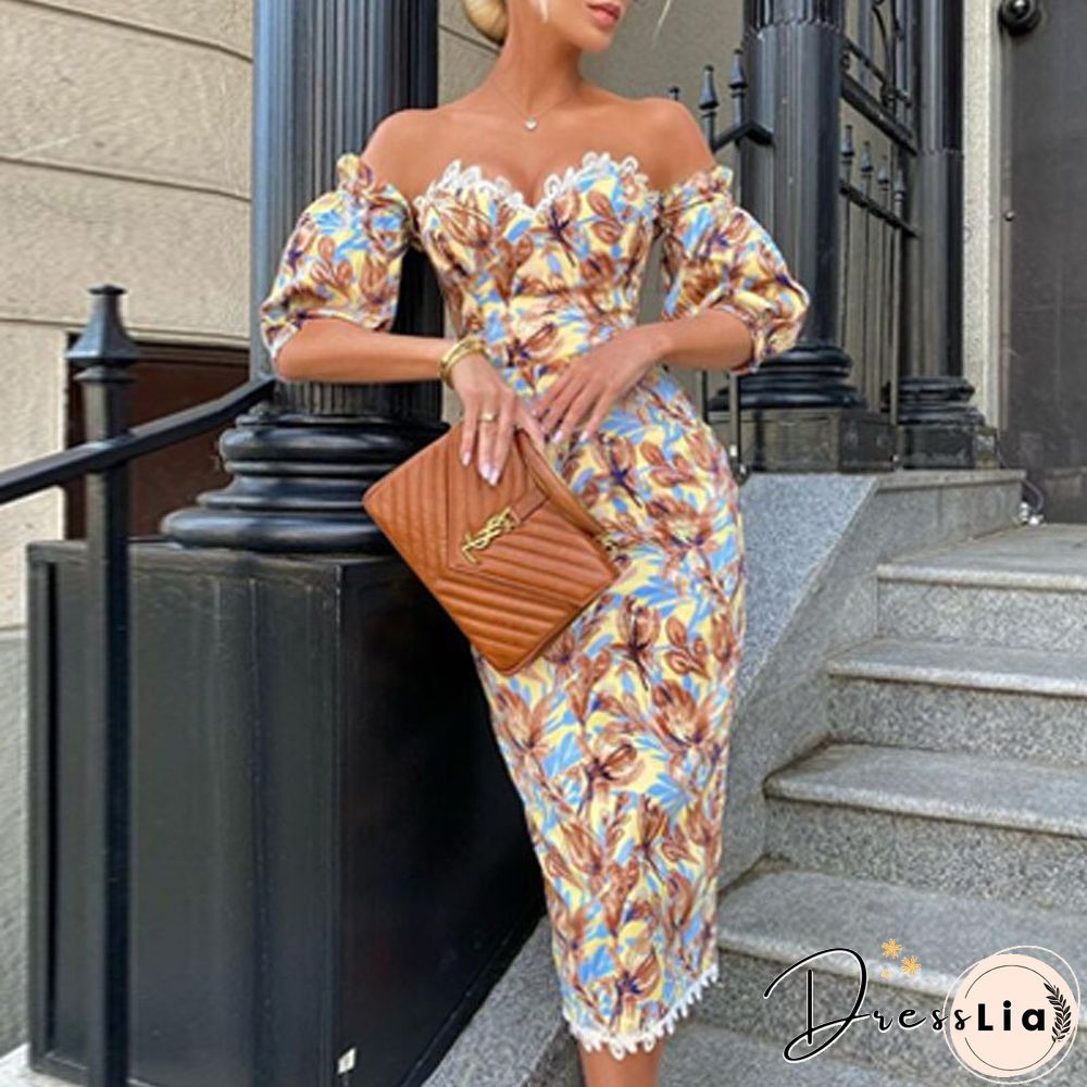 Elegant Floral Ladies Party Dress Autumn Ladies Fashion Balloon Sleeve Office Dress Sexy Off Shoulder Off Back Body Dress
