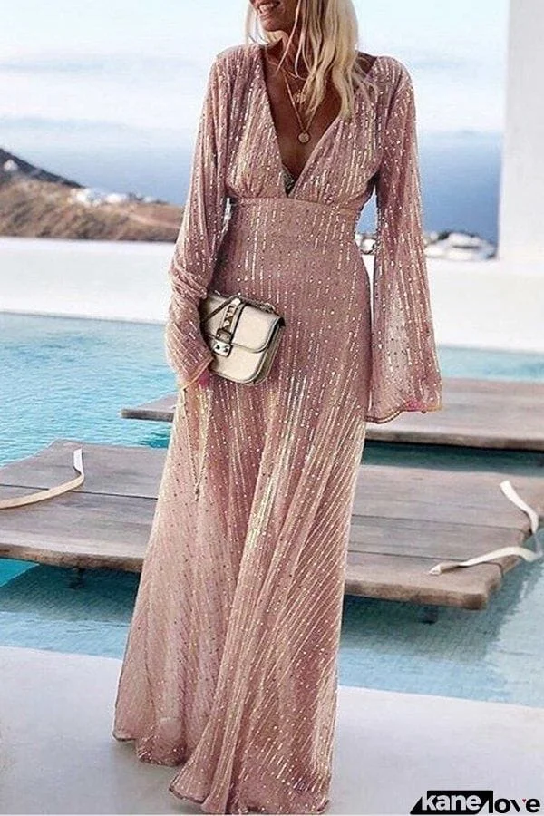 V-neck Flared Sleeve High Waist Elegant Sequined Maxi Dress