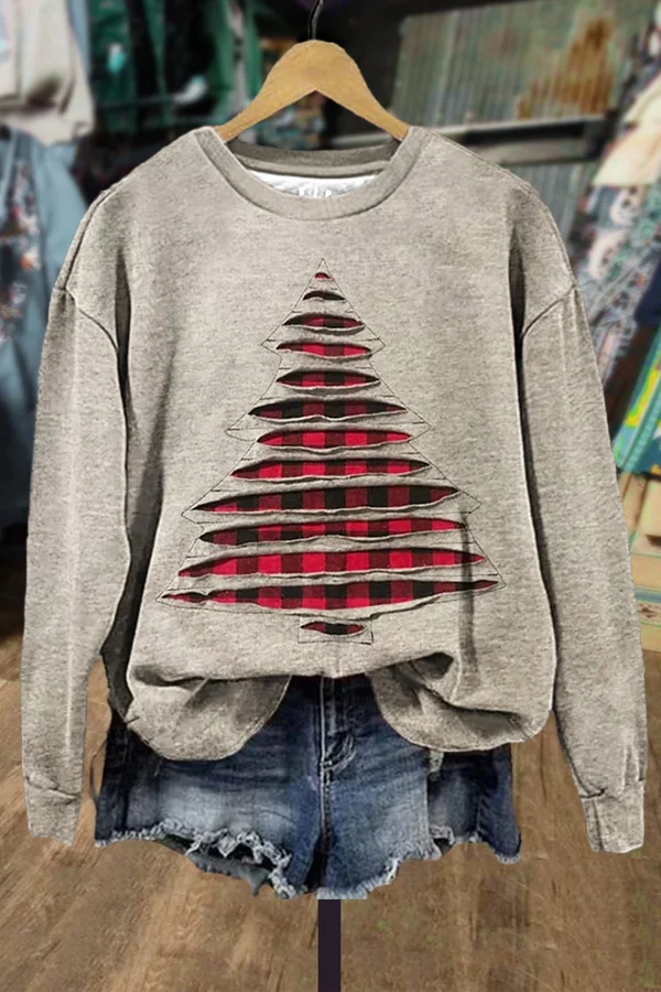 Plaid Christmas Tree Print Casual Sweatsihrt