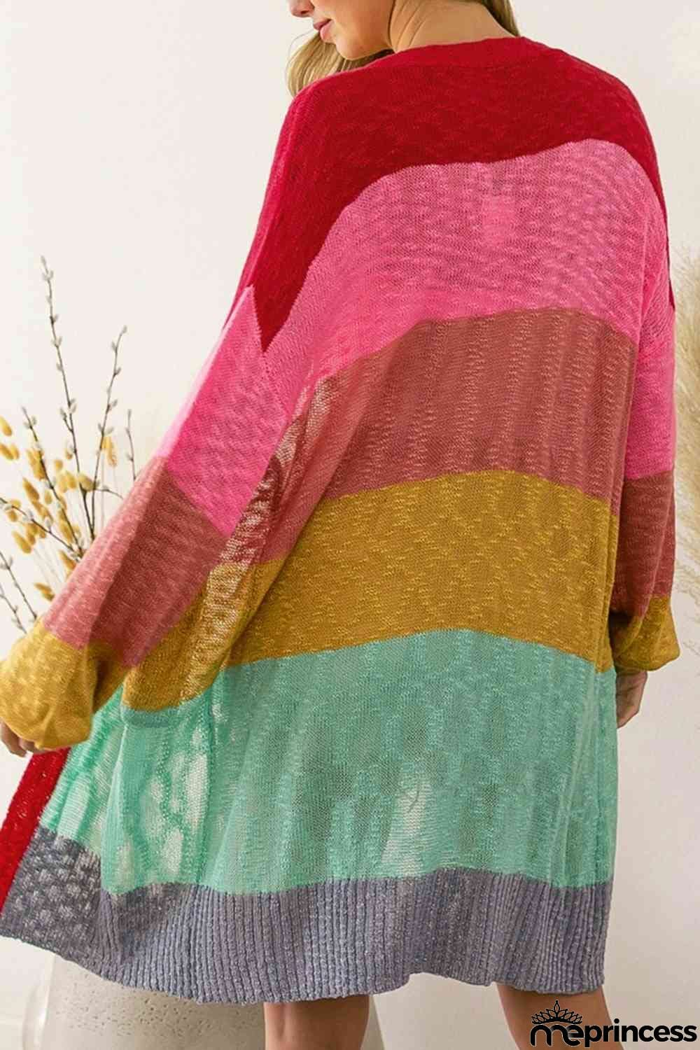 Color Block Open Front Cardigan with Pockets