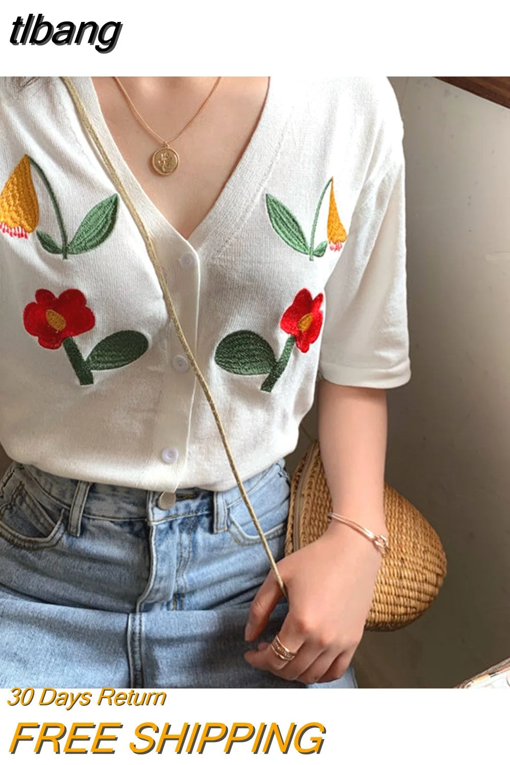 tlbang Women Fashion Embroidery Vintage Knitted Summer Floral Hot Sale V-Neck Casual Sweet Girls Popular Teens Harajuku Chic