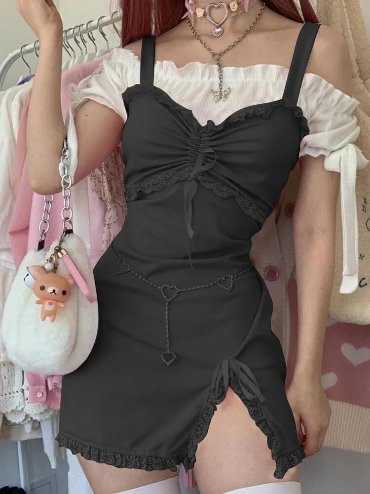 InsDoit Gothic Lace Trim Black Pink Dress Women Bandage Sleeveless Lovely Sexy Mini Dress Harajuku Aesthetic Summer Party Dress