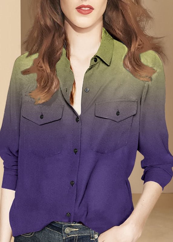 Boutique Purple Gradient color button Peter Pan Collar shirt Top Long Sleeve CK668- Fabulory