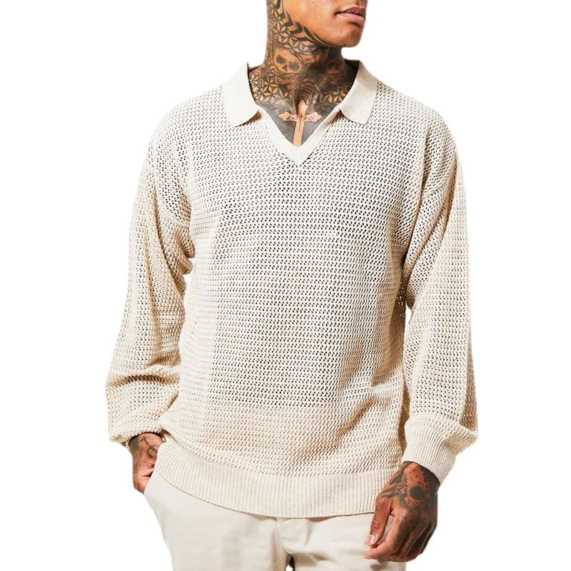 Men's Long-Sleeve Lapel Knitted Polo Sweater