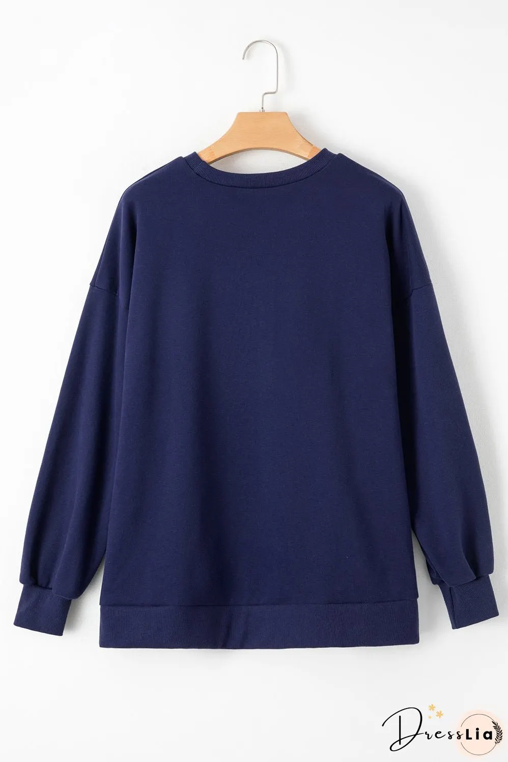 Navy Blue Solid Fleece Lined Drop Shoulder High Low Sweatshirt