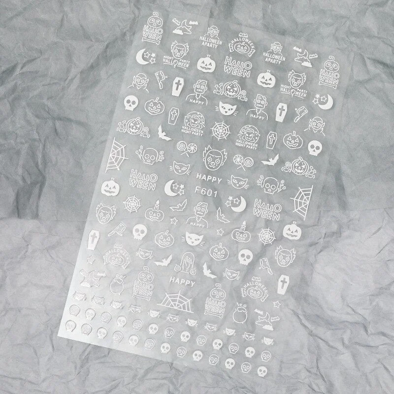 Halloween Nail Art Stickers Laser Black and White Skull Bat Spider Web Pumpkin Sticker Designer 3D Manicure Art Decals 9*16CM