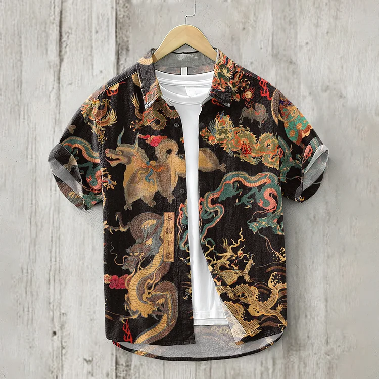 Japanese Dragon Art Short Sleeve Linen Blend Shirt