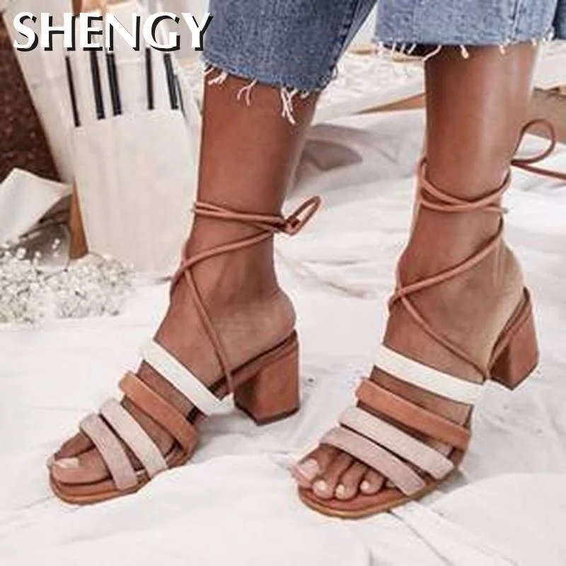 Women Summer High Heels Sandals Shoes Woman Open Toe Cross-tied Lace Up Sandals Roman Ladies Shoes
