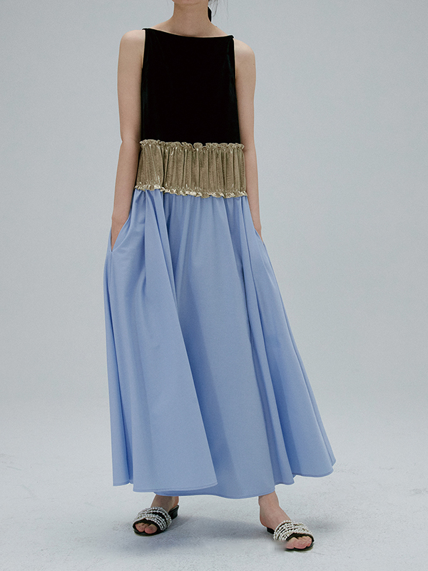 Velvet Patchwork Pleated Hem Sleeveless Maxi Dress