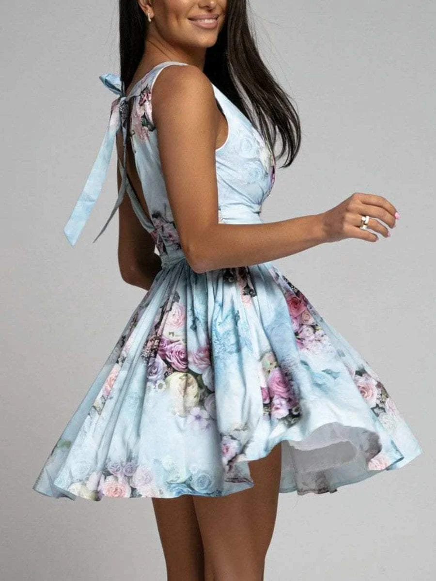 Sexy deep V high waist backless floral dress