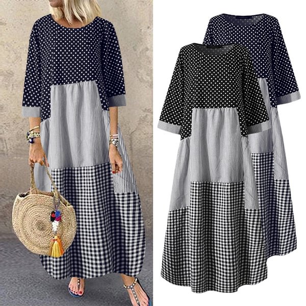 Zanzea Women Dress O-Neck Ladies Casual Loose Long Sleeve Polka Dot Dress Baggy - BlackFridayBuys