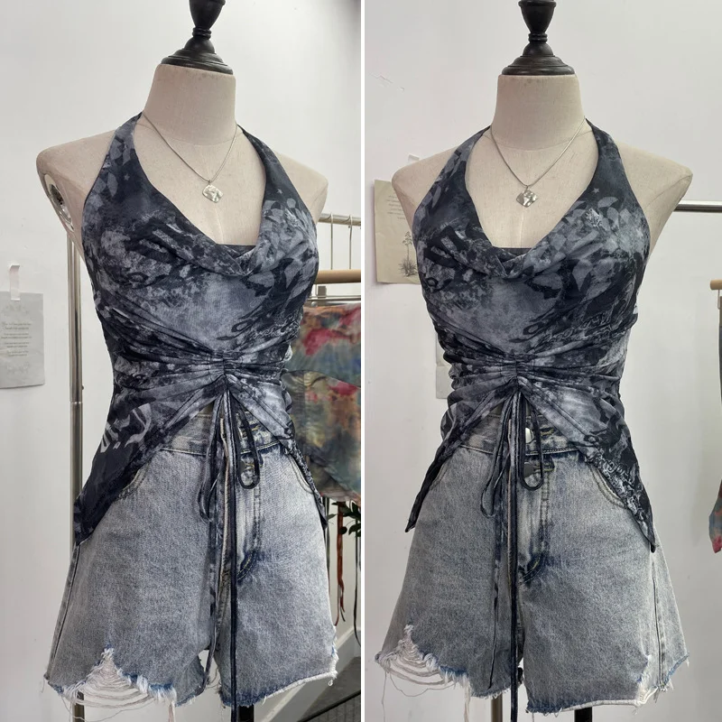 Brownm Real Shooting Holiday Wind Hanging Neck Collar Collar Tidling Strap Sling Vest Tie Mesh Yarn Short Sleeveless Top 9926