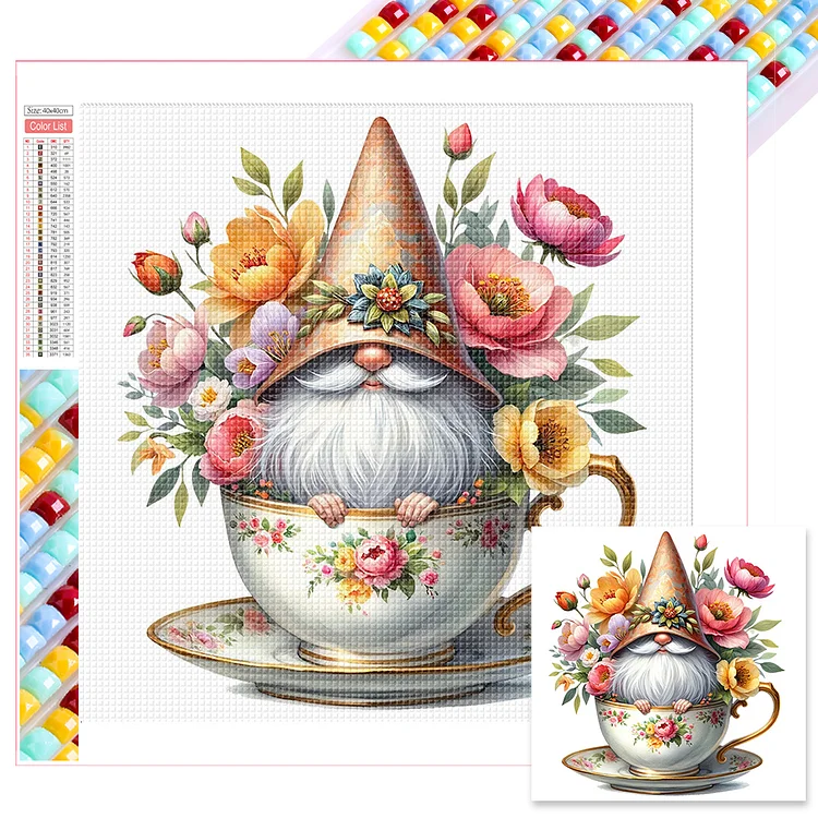 Full Square Diamond Painting - Flower Teacup Gnome 40*40CM