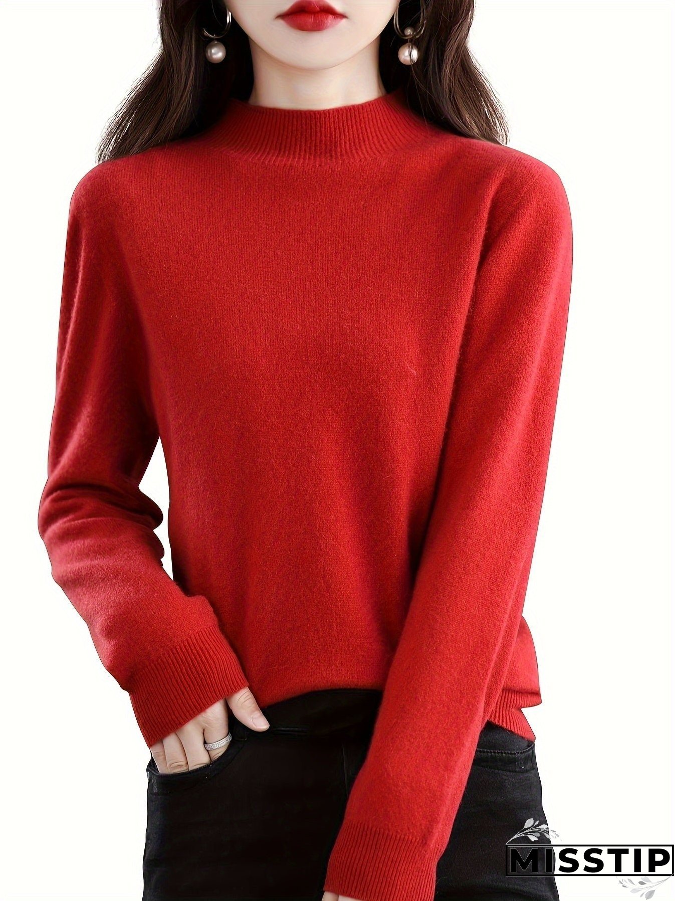 Solid Mock Neck Pullover Sweater, Elegant Long Sleeve Sweater, Women's Clothing