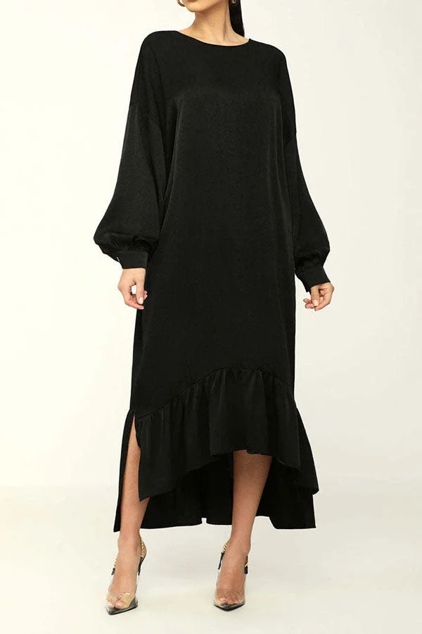 Solid Color Feminine High Low Ruffle Hem Midi Dress