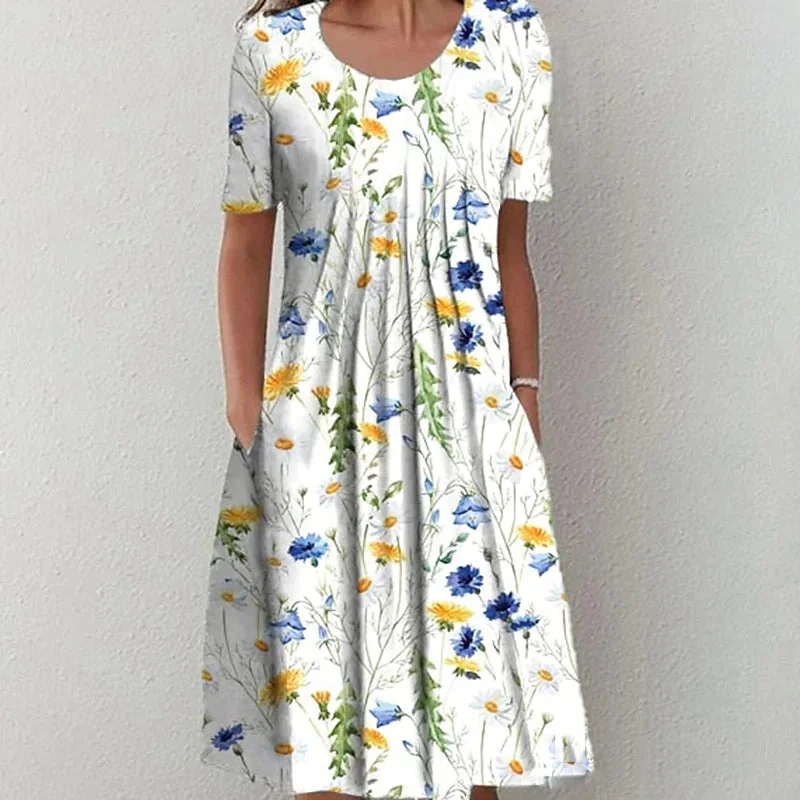 Brownm Floral Print Round Neck Pocket Mid-length Dresses