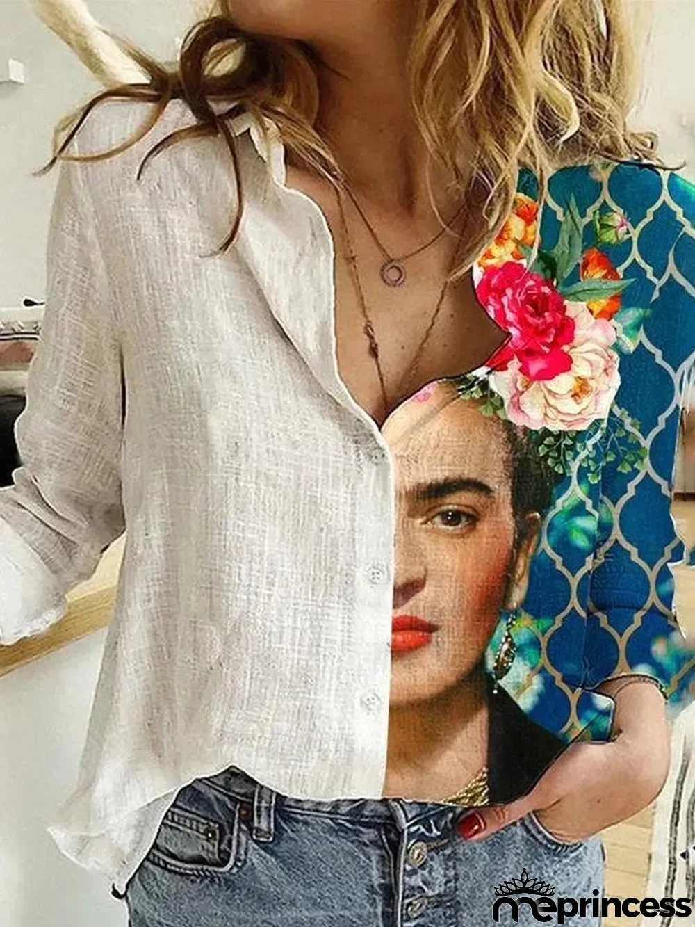 Ladies And Flower Printed Lapel Long Sleeve Shirt