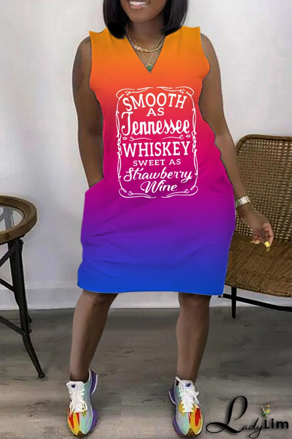 Colour Casual Print Patchwork V Neck Straight Dresses