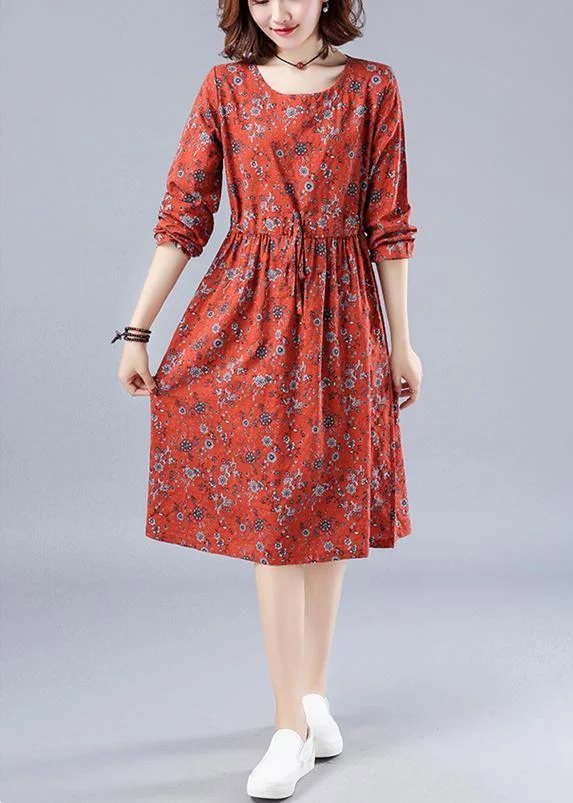 Chic Red Print Wardrobes O Neck Drawstring Loose Spring Dresses