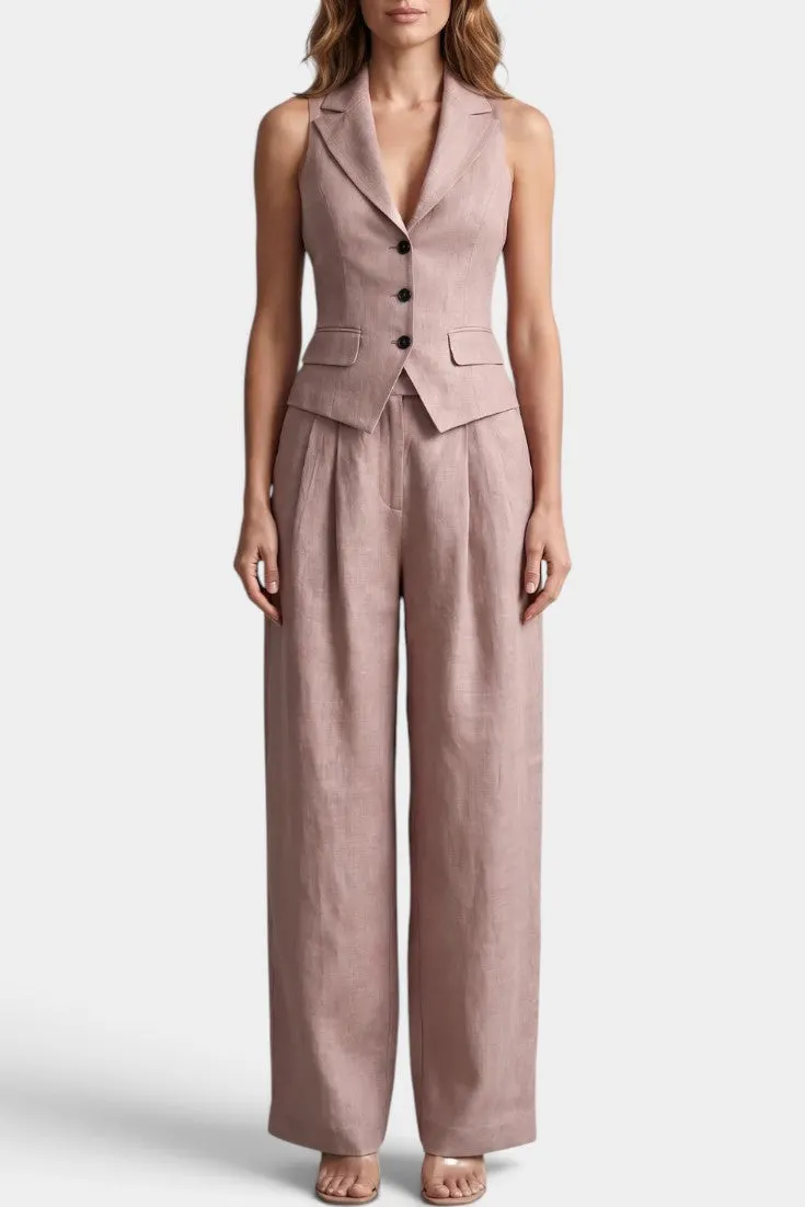 Structured Notch-Collar Vest with Wide-Leg Trouser Set