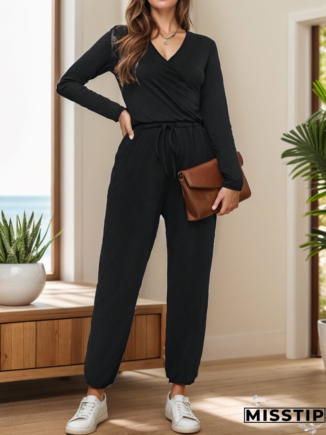 Surplice Tie Waist Long Sleeve Jumpsuit