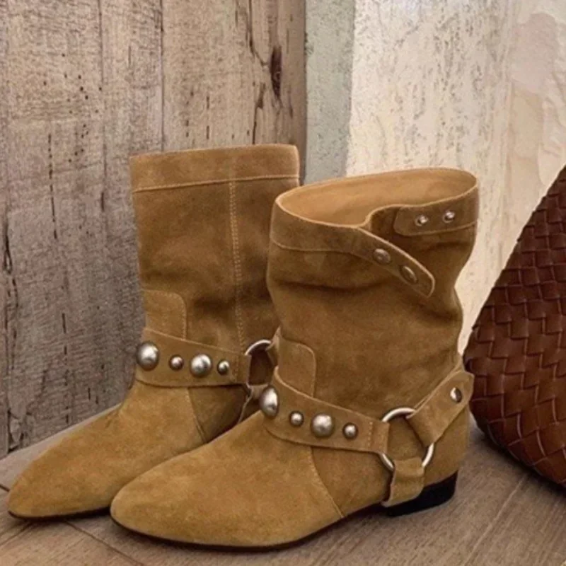 Mutualwheels popular women's shoes 2025 New Autumn Women's Suede Ankle Boots Studded Low Heel Party Shoes Women's Denim Short Boots Classic  Zapatos