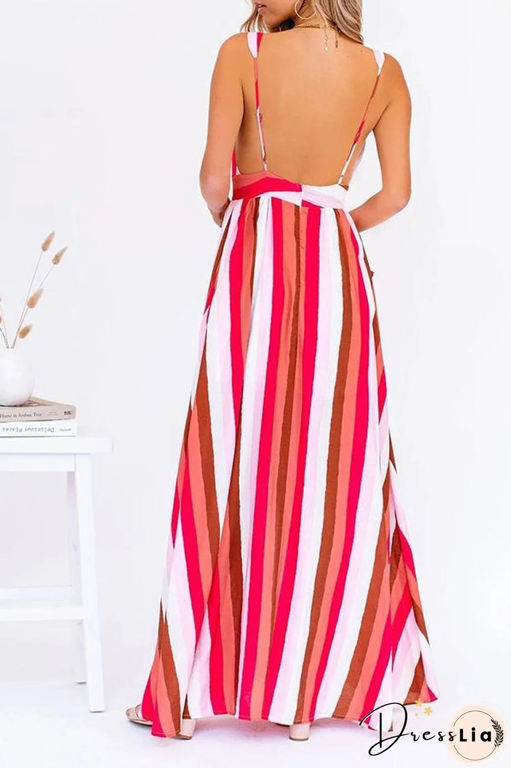 V-neck Striped Bow Multi-Length Dress P16361