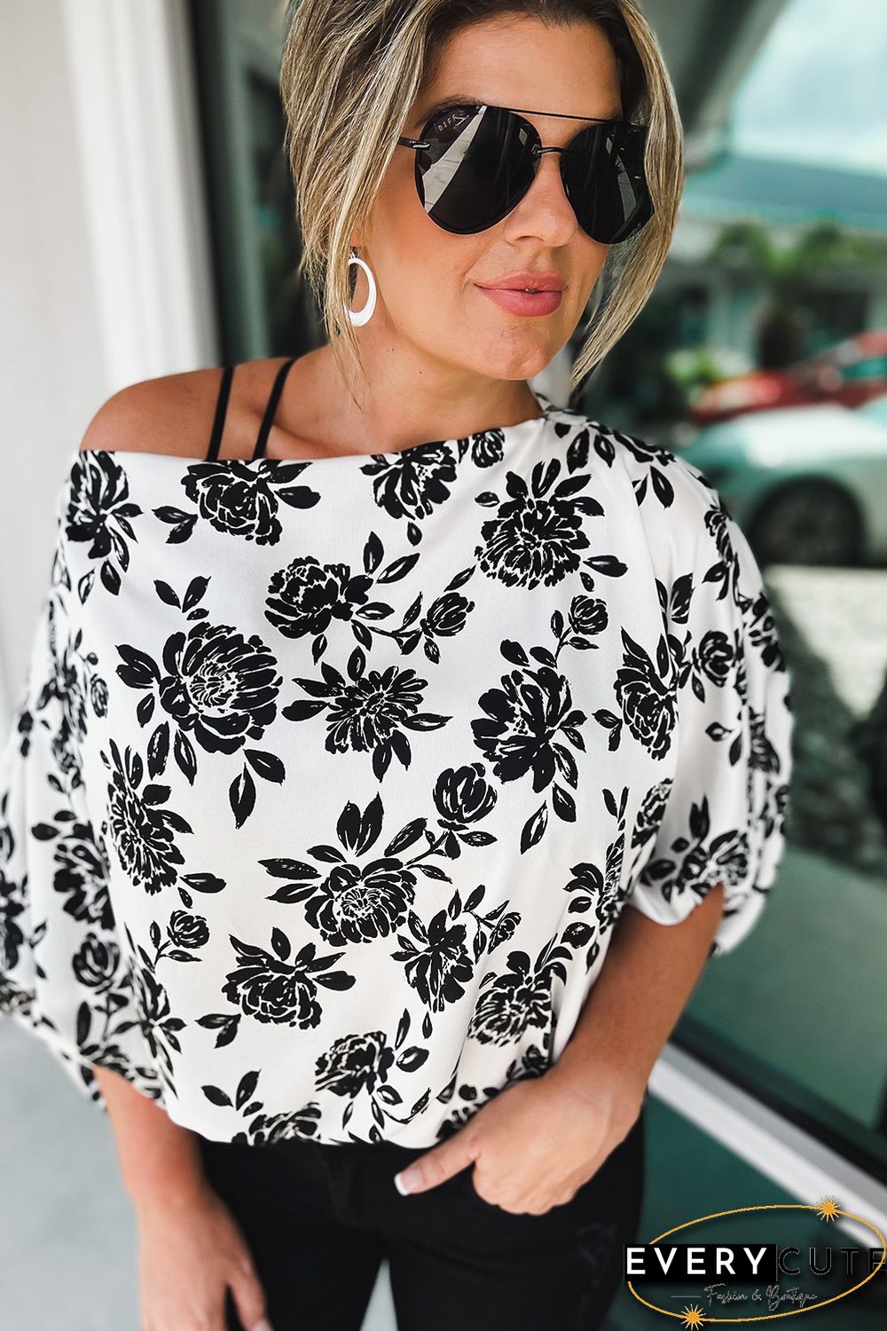 White Opposites Attract Boat Neck Floral Dolman Sleeve Top