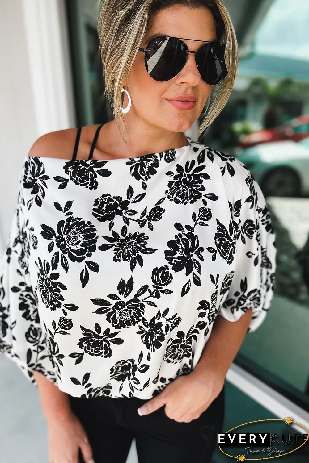 White Opposites Attract Boat Neck Floral Dolman Sleeve Top