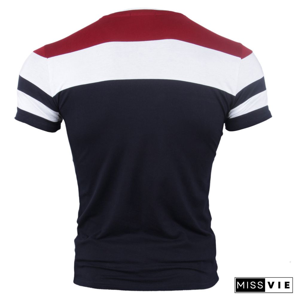 Men Short Sleeve T Shirts New Summer Pure Cotton Vintage Patchwork Tees VNeck Cotton T-shirt Homme Top M-4XL