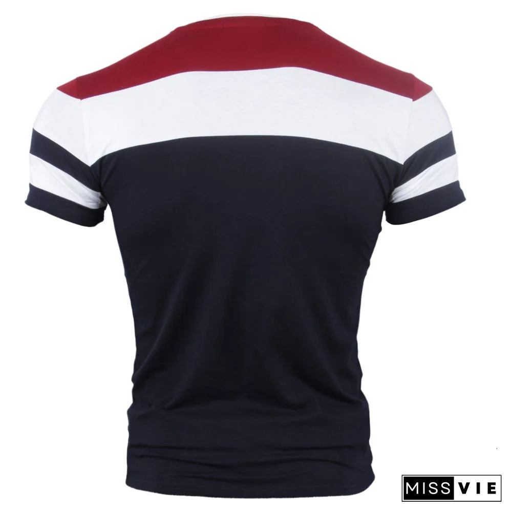 Men Short Sleeve T Shirts New Summer Pure Cotton Vintage Patchwork Tees VNeck Cotton T-shirt Homme Top M-4XL