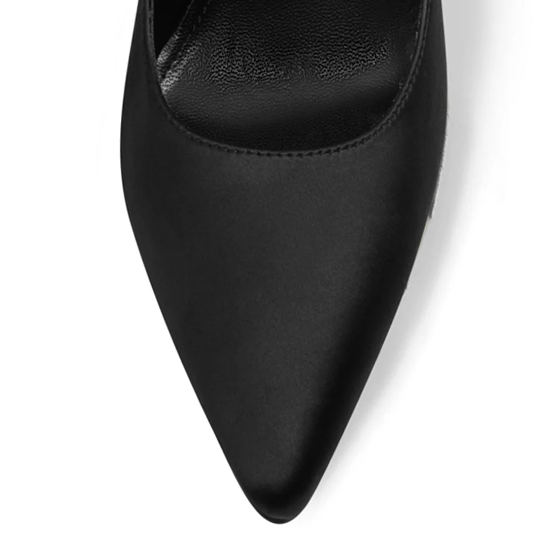 Black Satin Pointed Toe Back Bow Inlay Elegant Pumps with Flared Heel