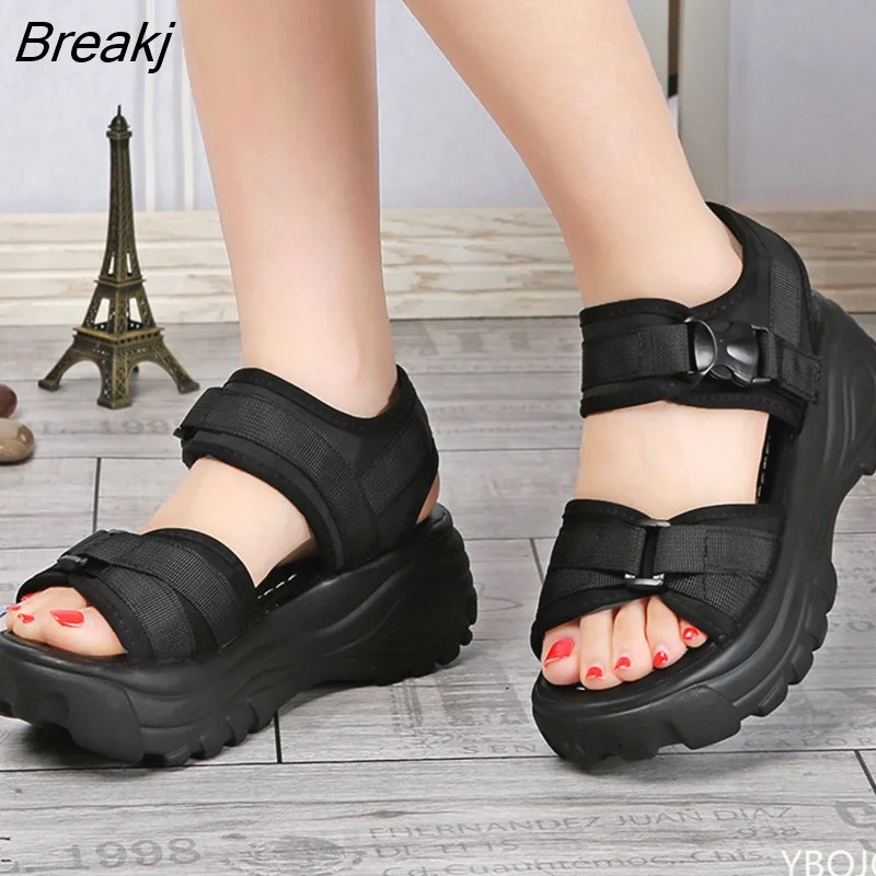Breakj Ladies Sandals Buckle Design Black White Platform Sandals Comfortable Ladies Platform Beach Shoes 35-43