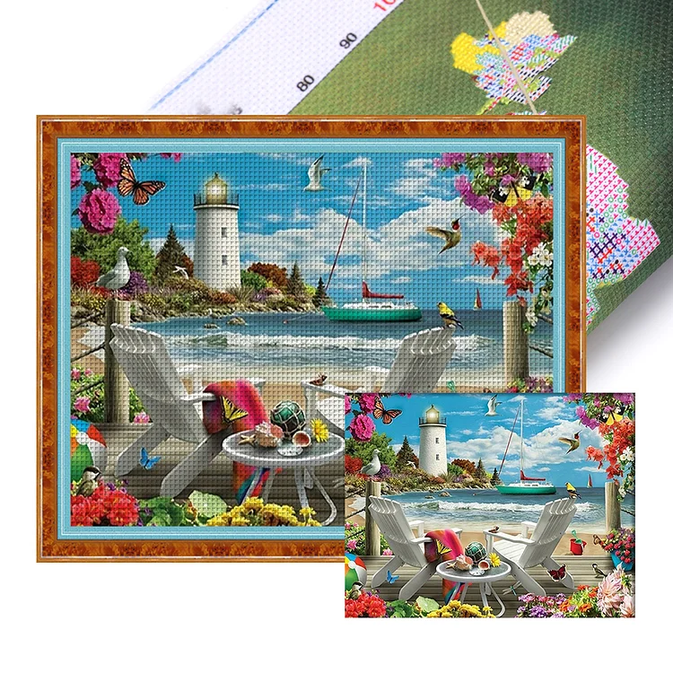 【Huacan Brand】Beach Lighthouse 11CT Stamped Cross Stitch 50*40CM
